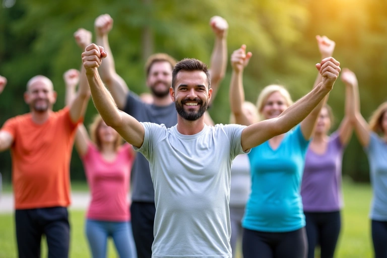 A diverse group of people exercising outdoors, symbolizing health and community