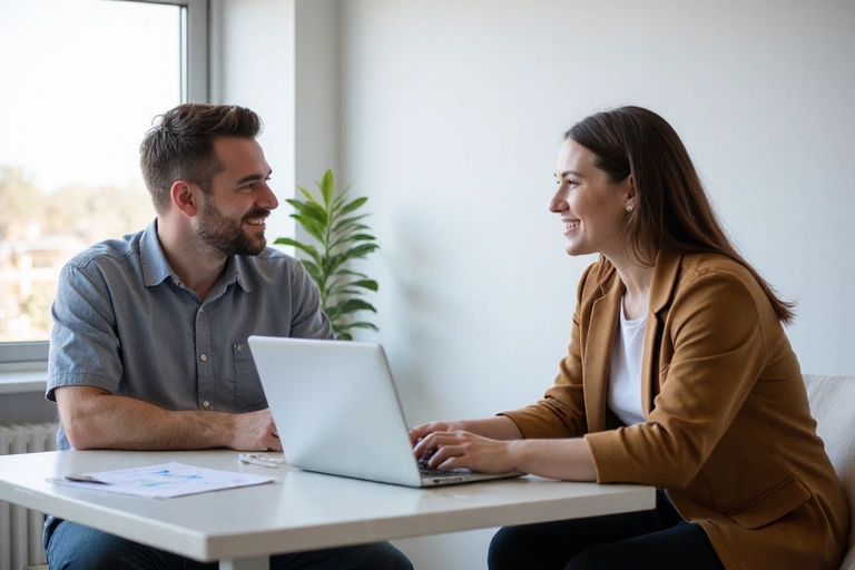 Coach and client enthusiastically discussing progress in a modern, bright office
