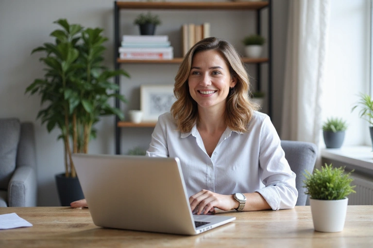 Woman participating in an online wellness coaching session on her laptop