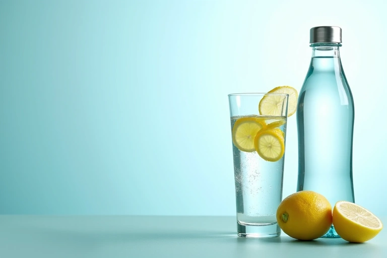A clear glass of water with lemon slices next to a water bottle, symbolizing hydration and health.