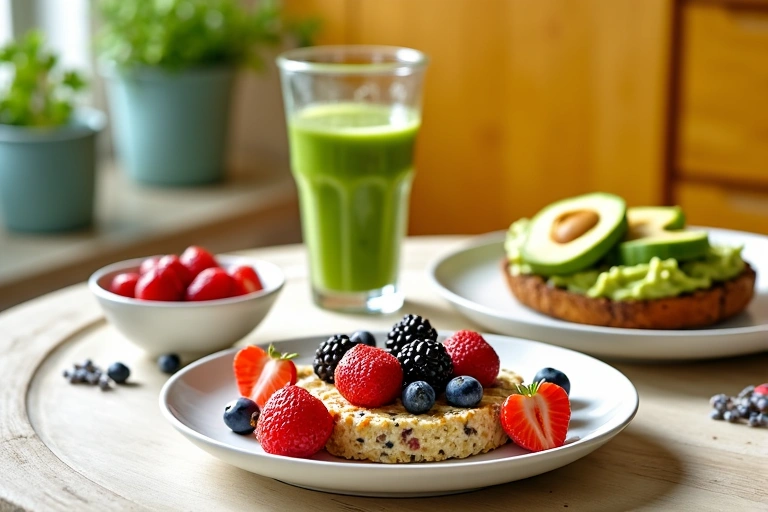 A vibrant breakfast spread featuring oatmeal with berries, avocado toast, and a smoothie, showcasing healthy breakfast ideas.